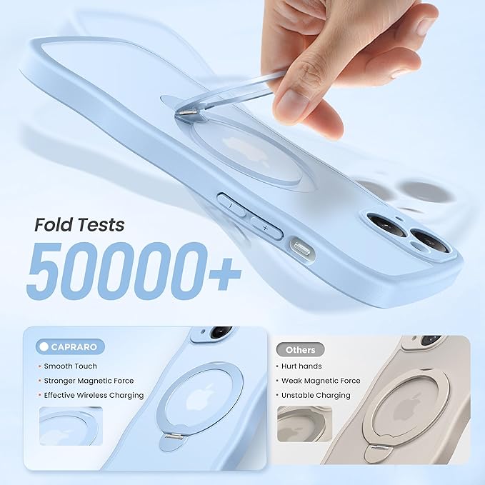 CAPRARO for iPhone 15 Plus Case with 360° Spin Magnetic Stand for Women, [Compatible with MagSafe] [Full Camera Protection] Cute Wave Translucent Matte Case for iPhone 15 Plus, Sky Blue