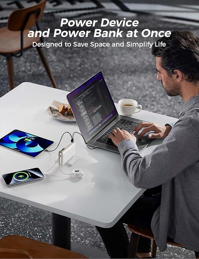 Power Bank, 50000 mAh Portable Charger with Built in Cable & Wall Plug, 22.5W Fast Charging, Travel Essential Battery Pack with LED Display for iPhone 17/16/15/14 Series, Galaxy, iPad White