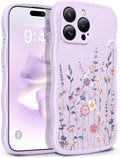 GVIEWIN for iPhone 15 Pro Case Compatible with MagSafe [Curly Wave Edge][Full Camera Protection] Floral Translucent Shockproof Magnetic Women Phone Case for iPhone 15 Pro 6.1'', Floratopia/Purple