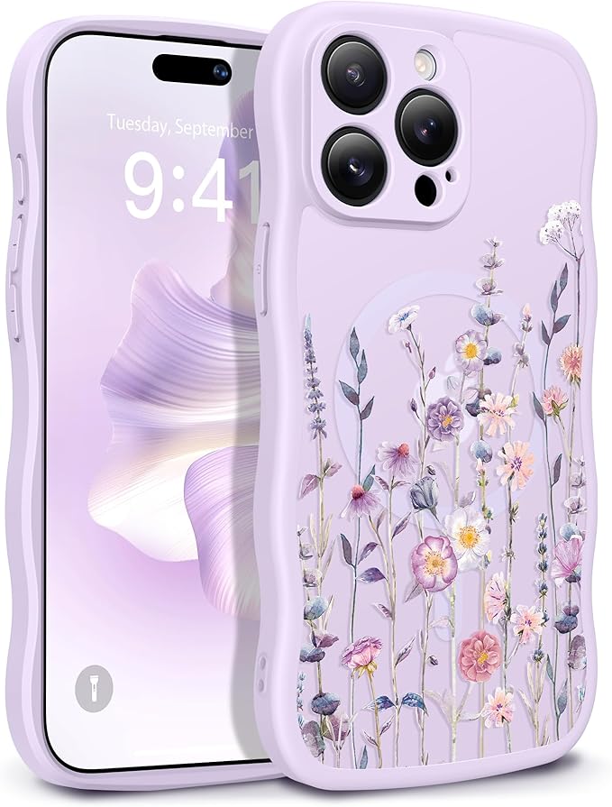 GVIEWIN for iPhone 15 Pro Max Case Compatible with MagSafe [Curly Wave Edge][Full Camera Protection] Floral Translucent Shockproof Magnetic Women Phone Case for 15 Pro Max 6.7'', Floratopia/Purple