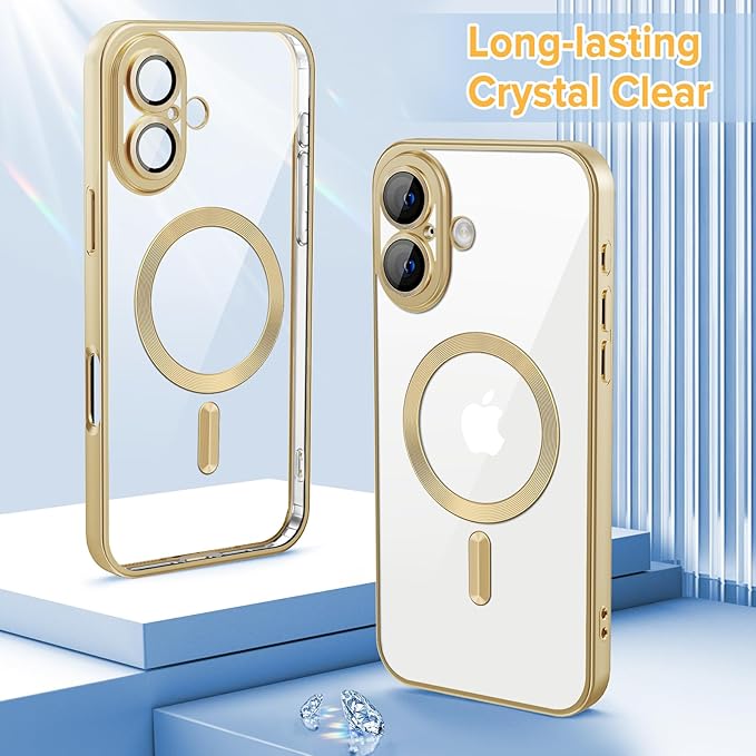 Hython Magnetic Clear for iPhone 16 Plus Case with Camera Lens Protector [Compatible with MagSafe] Luxury Plating Edge Slim Soft TPU Cover Protective Phone Case for iPhone 16 Plus, Matte Gold