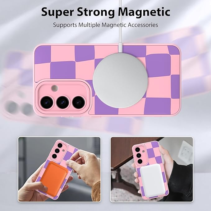 KANGHAR Compatible with Samsung Galaxy S25 Case, Support for MagSafe, Silicone Checkered Cute Pattern, Wristband Kickstand Camera Protection Soft Slim Cover for Girls Women -Pink