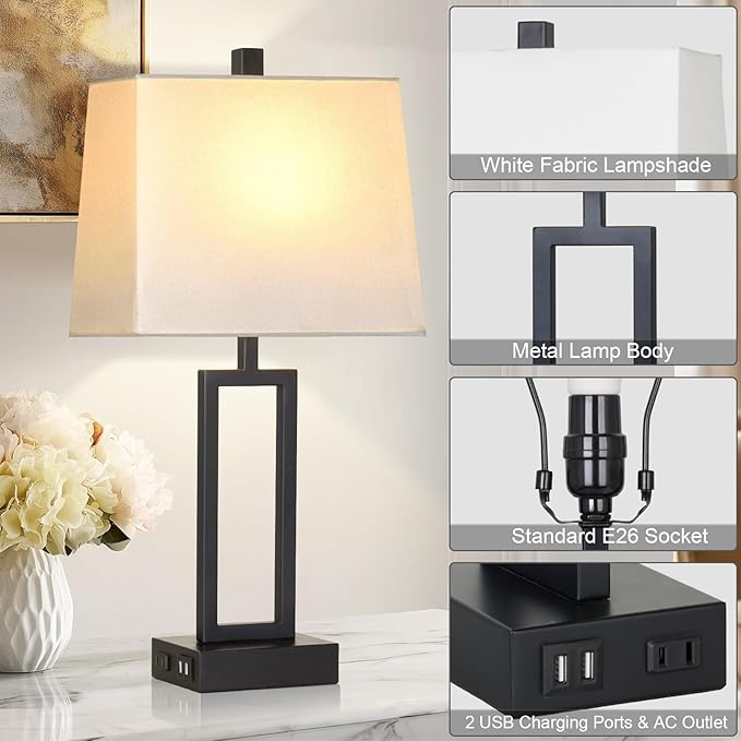 Touch Control Table Lamps with 2 USB Charging Ports & AC Outlets, 23" Tall Modern Nightstand Bedside Lamp for Bedroom, 3-Way Dimmable Metal Table Lamp with Fabric White Shade for Living Room End Table