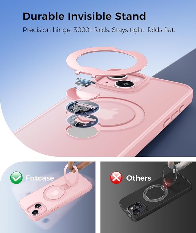 FNTCASE for iPhone 15 Plus Case: iPhone 14 Plus Phone Case [360 Spin Magnetic Stand] [Compatible with Magsafe] [Screen Protector] Translucent Matte Military Grade Shockproof Phone Cover - Pink