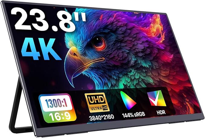 Upperizon Portable Monitor 23.8 inch 4K 3840X2160 144% sRGB 60Hz HDR HDMI USB-C Travel Monitor for Laptop MacBook PC Surface PS5 Xbox, Large External Display with Kickstand & Speakers, VESA Compatible