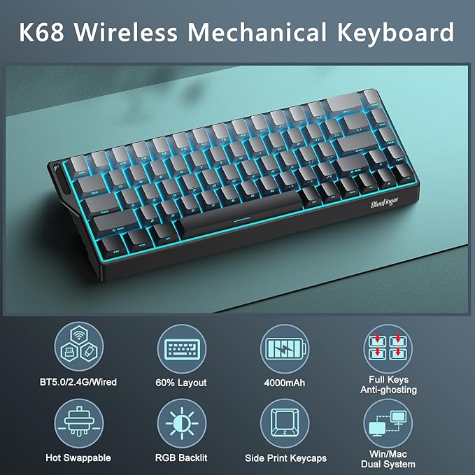 BlueFinger 60% Wireless Mechanical Gaming Keyboard, Bluetooth/2.4G/USB-C Hot Swappable RGB Backlit Keyboard with Side-Printed PBT Keycaps, for MAC Xbox PC PS5, Black