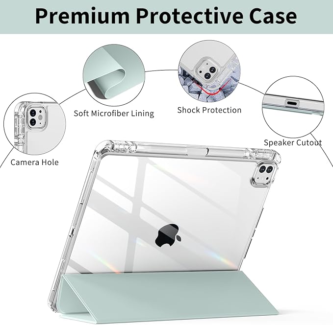 Clear Case for iPad Pro 12.9 inch 6th/5th/4th/3rd Gen with Pencil Holder [Support Pencil Charging] Auto Wake/Sleep, Lightweight Shockproof Trifold Stand Transparent Hard PC Back Cover, Tender Green