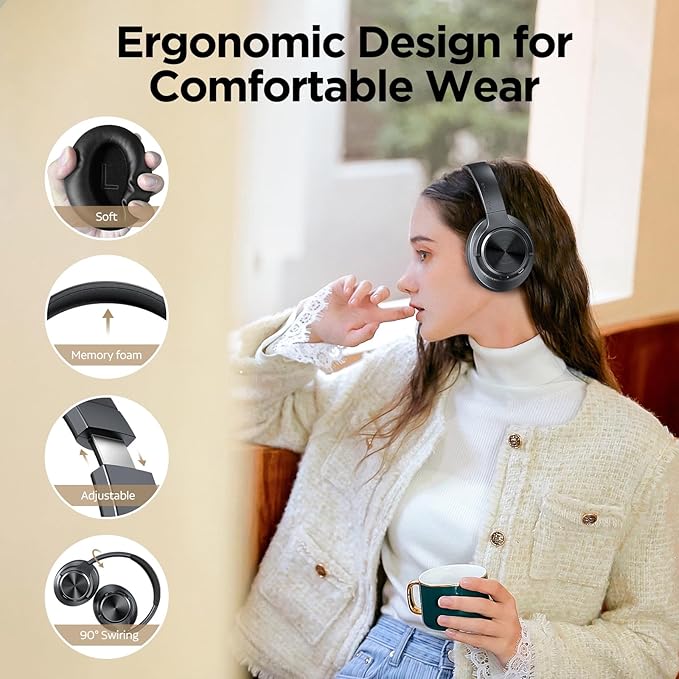 Hybrid Active Noise Cancelling Headphones, 130H Playtime, Wireless Over Ear Bluetooth Headphones, Hi-Res Sound, Deep Bass, Comfort Fit Ear Cups for Travel Home Office, Custom EQ via App