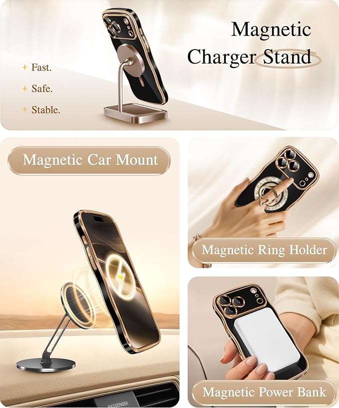 GVIEWIN for iPhone 17 Pro Case Compatible with MagSafe, Upgraded [Full Camera Protection][Cute Wave Frame][Military Grade Protection] Electroplated Hard Phone Cover for Women Girl, Black