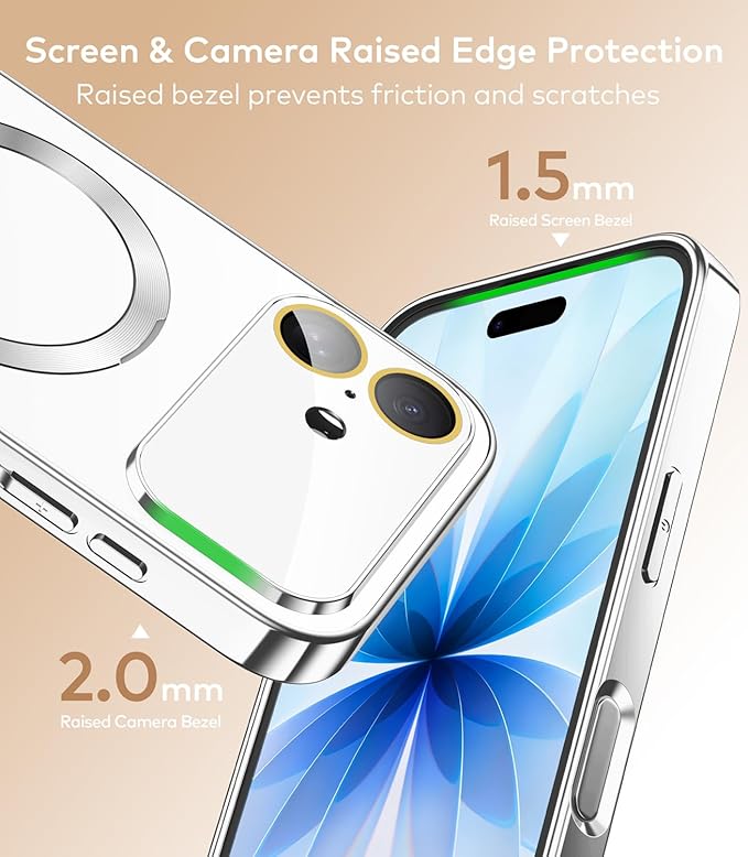 TOBOVON Magnetic for iPhone 17 Case with Ring Stand, Fits MagSafe, with Built-in Camera Lens Protector, Slim Electroplated Shockproof Phone Cover, Silver