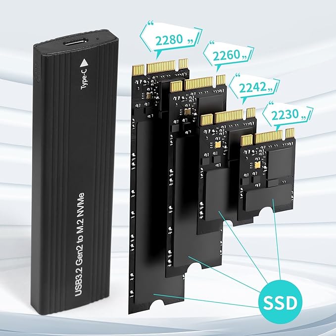 M2 SSD Enclosure, USB 3.2 to SATA Adapter, 10Gbps High-Speed Data Transfer, Tool-Free Installation, Compatible with 2230/2242/2260/2280 M.2 NVMe SSD, Aluminum Alloy Case, Portable & Durable