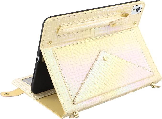 Shiny Case for iPad 6th/5th Gen 9.7 Inch (2018/2017), iPad Pro 9.7"/Air 2, Techcircle Crossbody Iridescent Folio Stand Multi-Pocket Wallet Case with Pencil Holder+Hand/Shoulder Strap, Shiny Yellow