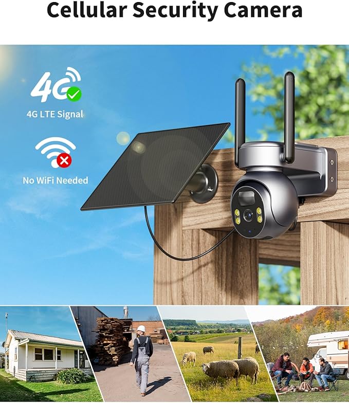 LIWAN 4G LTE Cellular Security Camera, No WiFi Security Camera Outdoor, Solar Cellular Camera Wireless, Built in SIM Card, 2K Color Night Vision, PIR Motion Detection, 360° Full Cover, 2 Way Talk