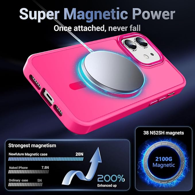Newfuture Designed for iPhone 11 Case with Strong Magnetic [13 FT Military Drop Protection] [Compatible with Magsafe] Slim Translucent Matte Shockproof with Anti-Fingerprint Phone Case, Hot Pink