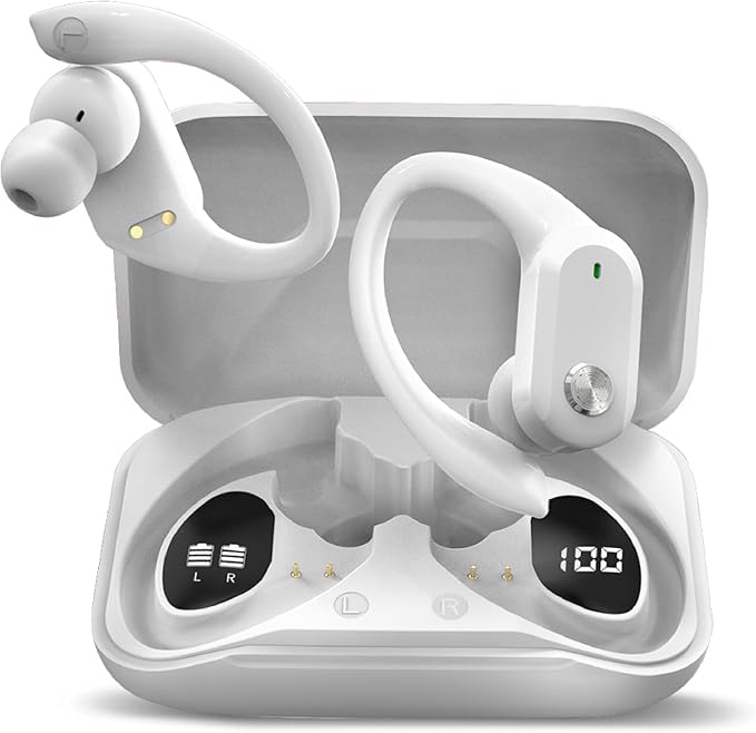 RCA Wireless Earbuds Bluetooth 5.3 Headphones Sport Sweat Resistant Sports Earphones with Earhooks,48H Playtime,Lightweight 7.8g,Fast Charging Case,Noise Cancelling Mic for Running Gym Workout-White