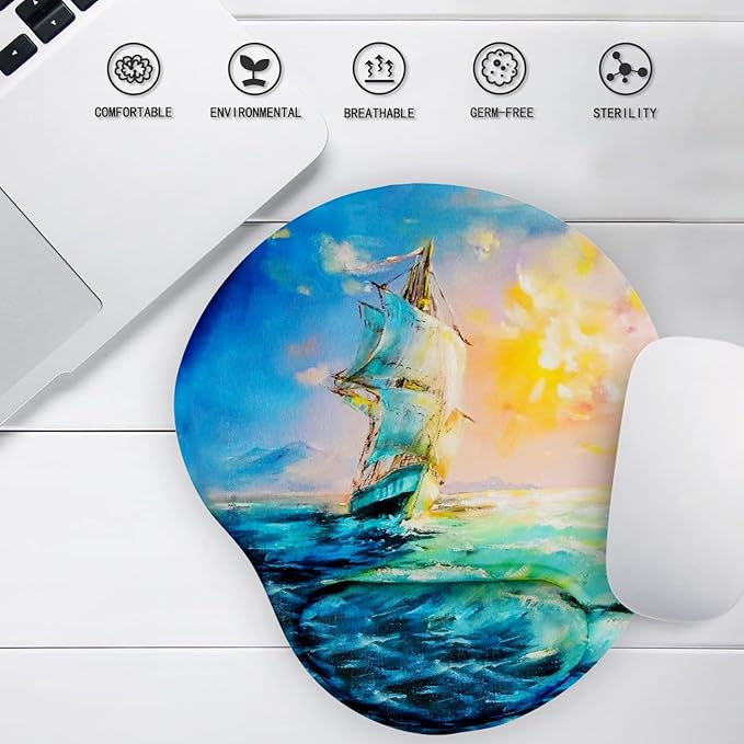 Ergonomic Mouse Pad with Wrist Support,Cute Mouse Pads with Wrist Rest,Comfortable Mouse Pad for Home Office Gaming Working Computers Laptop,Pain Relief with Non-Slip PU Base (Sailboat)