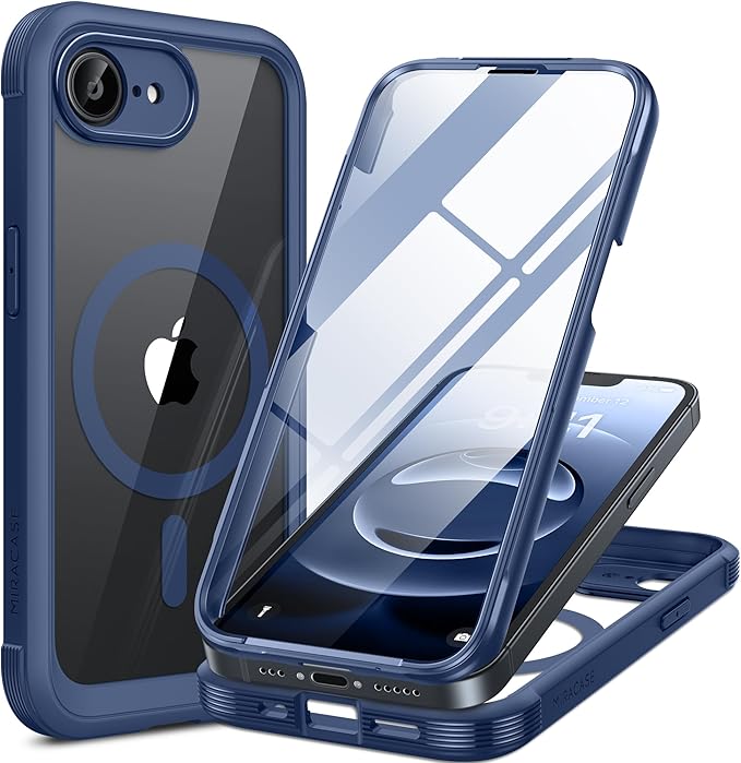 Miracase for iPhone 17e Case & iPhone 16e Case, Full-Body Phone with Built-in Glass Screen Protector, [Magnetic with MagSafe] Military Drop Proof 17 E/ 16 E Cover Bumper 6.1 inch, Blue