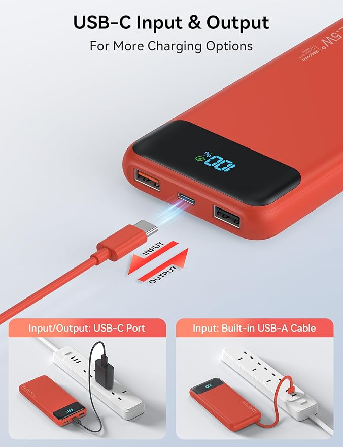 Portable Charger, 10000mAh 22.5W Fast Charging Power Bank with 4 Built-in Cables, Travel Essentials Battery Pack with LED Display, 6 Outputs Charging Bank Compatible with iPhone, iPad, Samsung etc Red
