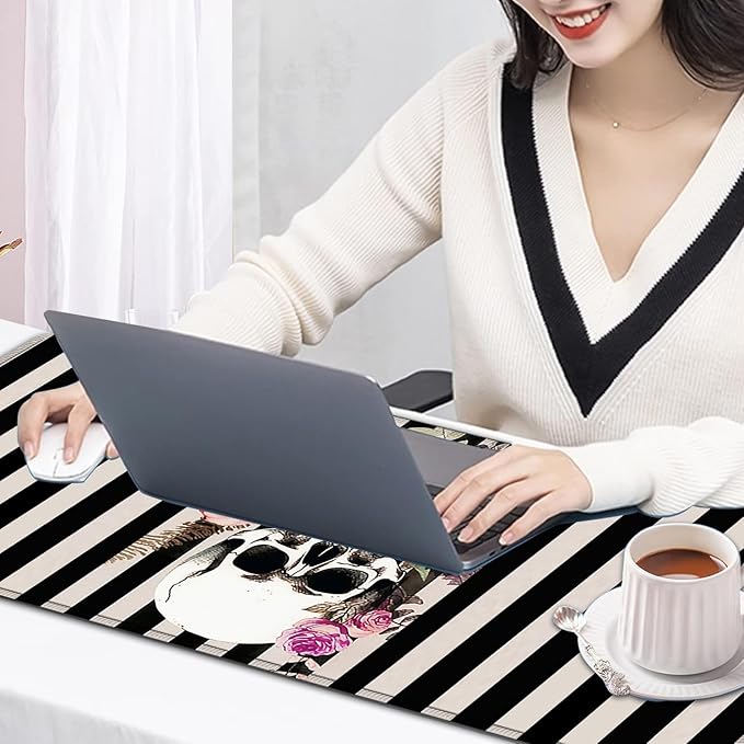 Large Mouse Pad, 31.5 x 11.8in Extended Gaming Mouse Pad with Stitched Edges,XXL Mousepad Protector Non Slip Rubber Base for Office & Home Writing Mat,Skulls and Flowers Black & White Stripes Desk Mat