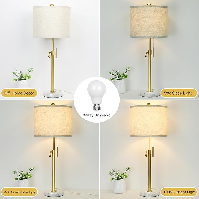 Qingmiao Table Lamps for Bedrooms Set of 2, 22" to 30" Height Adjustable Nightstand Lamps with Linen Shade, Pull Chain Switch Lamps for Living Room, 3 Way Dimmable Bedside Lamp