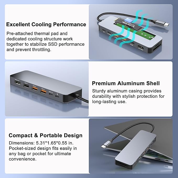 USB C Docking Station with M.2 NVMe SSD Enclosure 10Gbps, 9 in 1 USB-C Hub, Type C SSD Slot with 4K@60Hz HDMI, USB 3.2 Gen2, PD100W, SD/TF Card Reader, Laptop Docking Station for Dell/HP/Lenovo/Mac