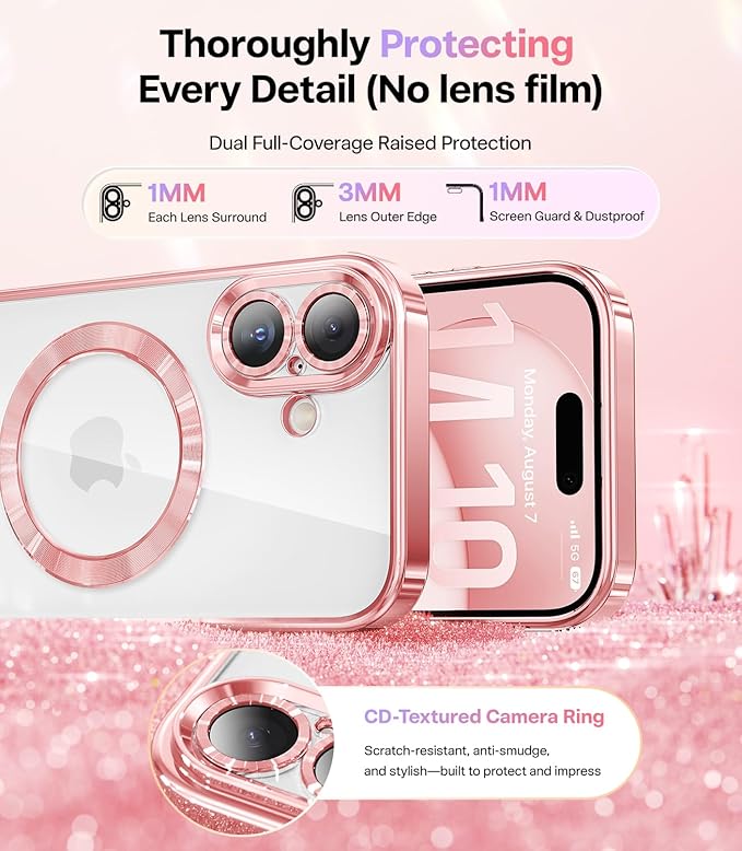Meifigno Designed for iPhone 17 Case, [Glitter Card & Wrist Strap] [Compatible with MagSafe] [1HD+1X Privacy Screen Protectors] Surround Raised Lens Protection for iPhone 17 Case 6.3 Inch, Rose Gold