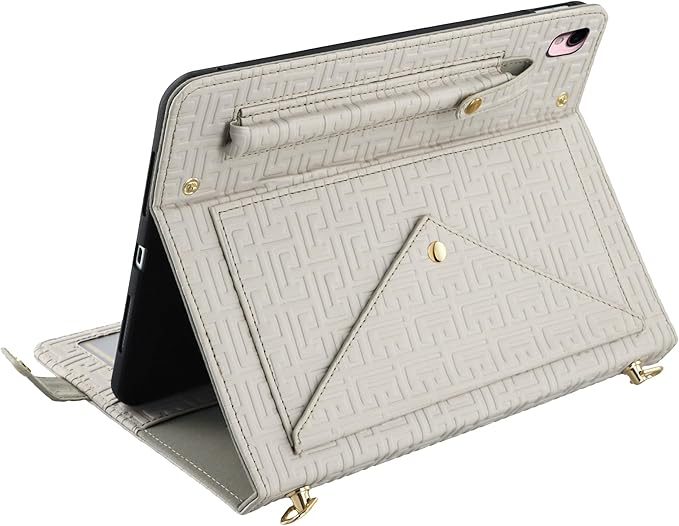 Handbag Case for iPad 9th 8th 7th Gen 10.2"/Air 3 2019/Pro 10.5, Techcircle Elegant Crossbody Folio Stand Wallet Case w/Pencil Holder, Card Slots, Hand Strap, Shoulder Strap, Off-White