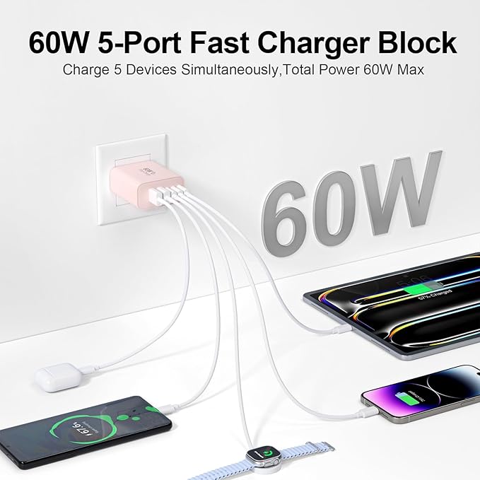 USB C Charger Block, 60W 5-Port Type C Charger Fast Charging Block, USBC USB Multiple Port Wall Charger Plug Adapter for iPhone 17/Air/16/15/14/13/12/11 Pro Max, Samsung Galaxy, iPad, Tablet (Pink)