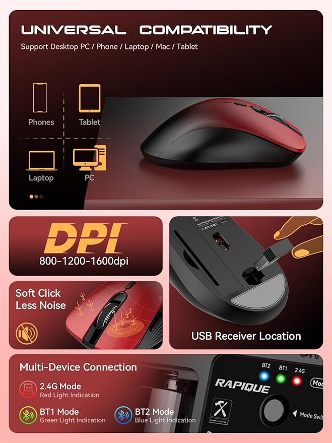 RAPIQUE Bluetooth Wireless Mouse - Dual Bluetooth & 2.4 GHz USB Receiver, Comfortable Grip, Quiet Clicks, Low Power - Multi-Device Compatibility for Laptop, Computer, iPad, MacBook (Gradient Red)