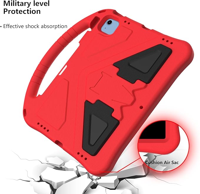 Shockproof Case for Apple iPad A16 11 Inch 2025 11th Gen/iPad 10th Generation 2025 10.9", with Shoulder Strap Soft EVA Handle Design Foldable Kickstand Kids Friendly Cover for Girls Boys, Red