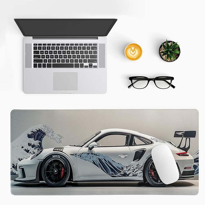 White Ukiyo-e Style Sports Car Large Gaming Mouse Pad Desktop Mat 31.5x11.8 Inch - Non-Slip Rubber Base - for Gamers - Perfect for Gamers & PC Enthusiasts