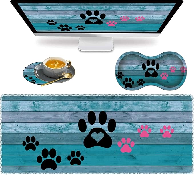 3 Piece Mouse Pad Set with Stitched Edge Large Anti-Slip Mouse Pad Desk Pad Keyboard Pad + Wrist Rest Pad + Coaster, Memory Foam Wrist Rest for Office/Home - Black and Pink Dog Paw Prints