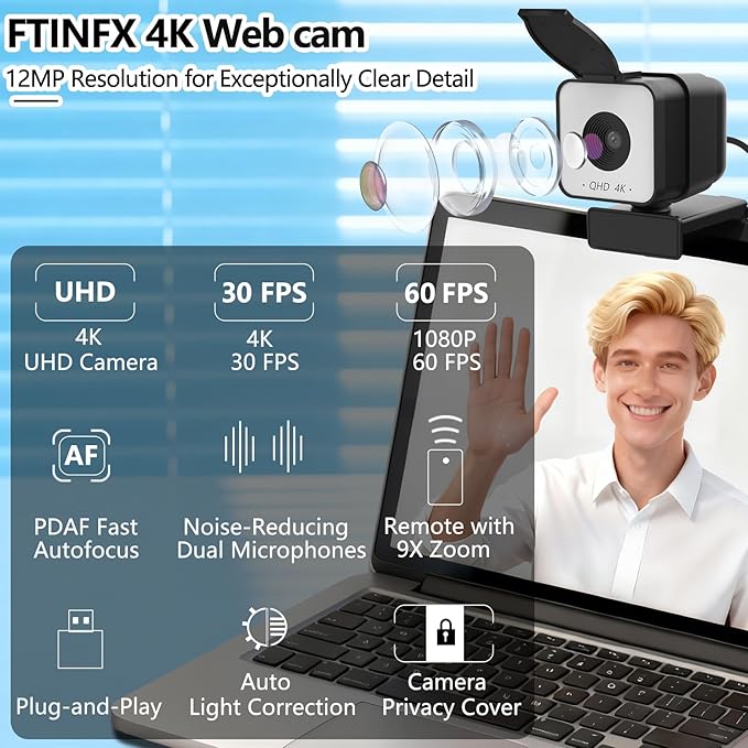 4K USB Webcam with Dual Microphones, 9X Hybrid Zoom, Auto Light Correction, 86° Wide Angle for Video Conferencing, Live Streaming, Remote Work, Compatible with PC Desktop Laptop