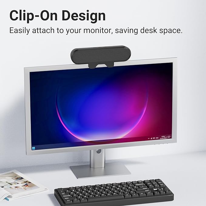 Inwa Computer Speakers for Desktop PC, USB Monitor Speaker Bar with Clip-On, Wired Desk Speakers with HD Stereo Loud Sound, Laptop Speaker Mini Sound Bar, Easily Clamps to Monitor