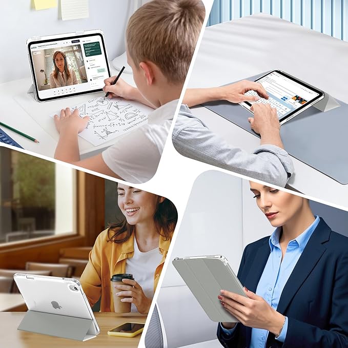 MoKo for iPad Air 11 inch Case (M4/M3/M2) 2026/2025/2024, iPad Air 5th/4th Gen 10.9 inch Case 2022/2020 with Pencil Holder, Slim Light Trifold Cover with Hard PC Translucent Back Shell, Light Gray