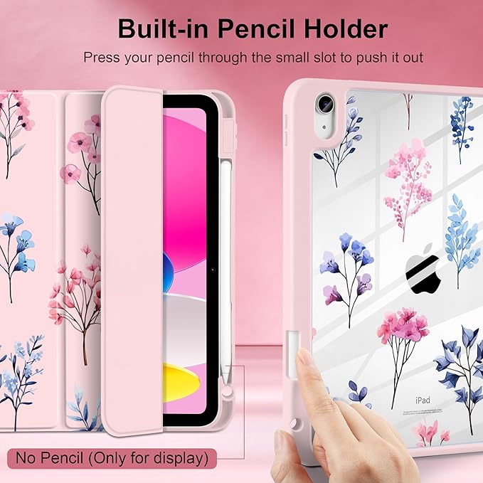 Case for iPad Air 11 inch M4 2026 M3 2025 M2 2024 Release with Pencil Holder Clear Back Shell Pink Lightweight Shockproof TPU Edge Trifold Stand Auto Wake Sleep Cute Cover, Hand-Drawn Florals
