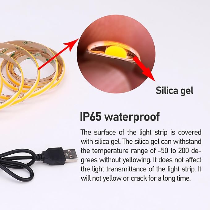 DC 5V USB COB Orange LED Strip Light USB Powered Dimmable IP65 Waterproof 6.6ft/2M 640LEDs with Dimmer High Brightness Flexible LED Tape Lights