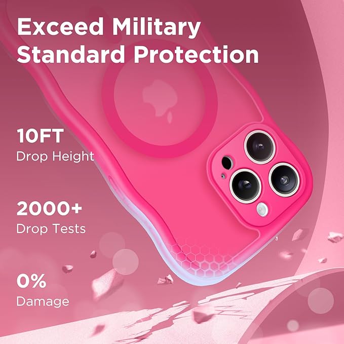 CAPRARO Cute for iPhone 15 Pro Max Case, Compatible with MagSafe, [Curly Wave Edge] [Full Camera Protection] [14 FT Drop Protection] Magnetic Phone Case for 15 Pro Max 6.7 Inch, Hot Pink