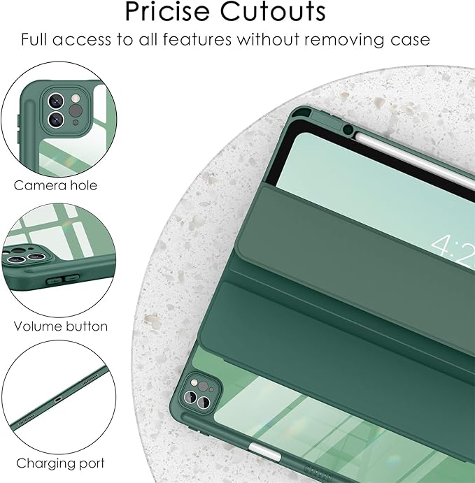 Soke for New iPad Air 13 Inch Case (M3 2025/M2 2024) with Pencil Holder, [Auto Wake/Sleep + Camera Protection] Shockproof Cover with Clear Transparent Back for Apple iPad Pro 12.9", Midnight Green