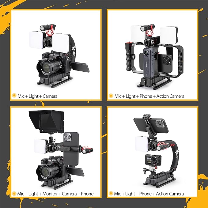 Zeadio Smartphone Camera Stabilizer, All-in-One Video Rig Kit with Phone Cage, RGB Video Light, Microphone, Action Camera Adapter, Compatible with Smartphones, Action Camera, DSLR, Cameras etc