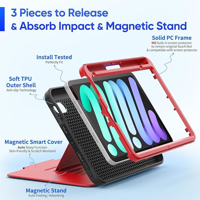 SEYMAC stock Case for iPad mini 7 (A17 Pro)/ Mini 6 8.3'', Strong Magnetic Auto Sleep Shockproof Case with Absorbing Multi-Angles Stand, Pen Holder, Card Slot, Red