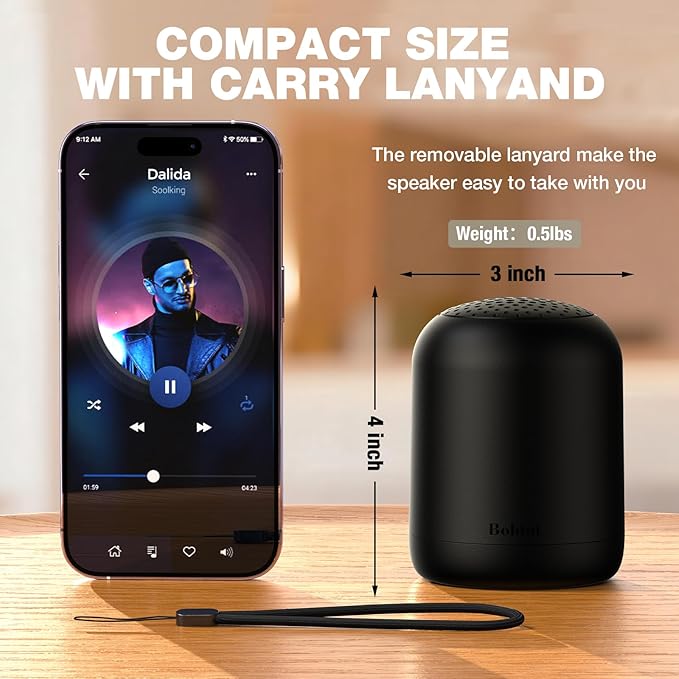 Bobtot Portable Bluetooth Speakers Wireless, Waterproof Shower Speaker with 24H Playtime, Loud Stereo Sound, TWS, Hands-Free Calling, Small Size with Strap Easy to Carry, Black