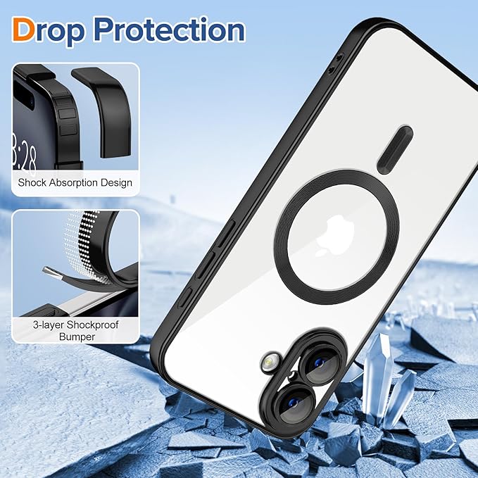 Hython Magnetic Clear for iPhone 16 Plus Case with Camera Lens Protector [Compatible with MagSafe] Luxury Plating Edge Slim Soft TPU Cover Protective Phone Case for iPhone 16 Plus, Matte Black