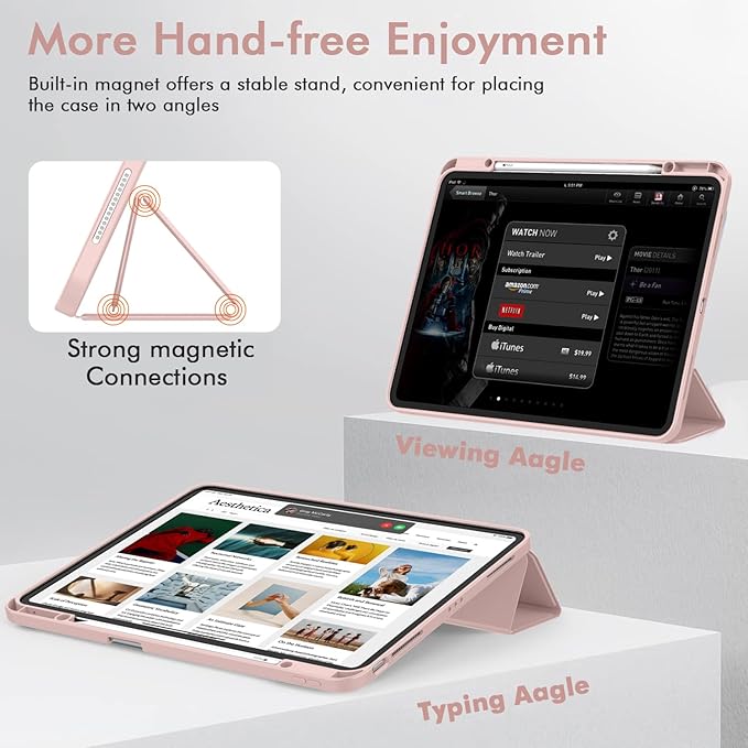 ZryXal New iPad Air 13 Inch Case M3 2025/M2 2024 with Pencil Holder, Trifold Stand Smart Case with Soft TPU Back,Auto Wake/Sleep(Rose Pink)