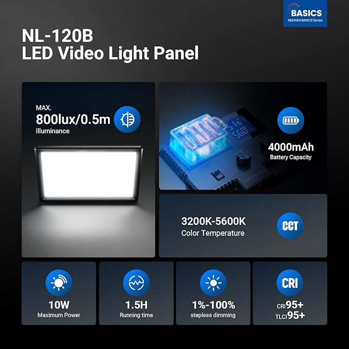 NEEWER Basics 9" LED Light Panel, 3200-5600K Edge Lit Dimmable Camera Soft Key Lighting with Desk Tripod Stand, CRI95+ 800Lux 4000mAh Rechargeable for Photography Video Recording Streaming, NL-120B