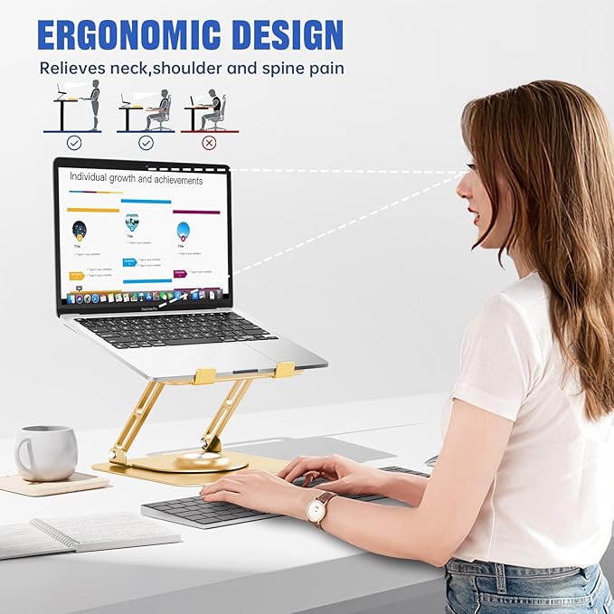 JOYEKY Laptop Stand for Desk, Adjustable Computer Stand with 360° Rotating Base, Ergonomic Laptop Riser for Collaborative Work, Foldable & Portable Laptop Stand, fits for All 10-16" Laptops (Gold)