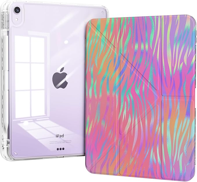 for iPad Air 11 inch Case M3 (2025)/ M2 (2024) Chip, iPad Air 5th/4th Generation 10.9-inch Case with Pencil Holder, Origami Multi-Angles Stand, Slim Clear Cover, Colorful Zebra