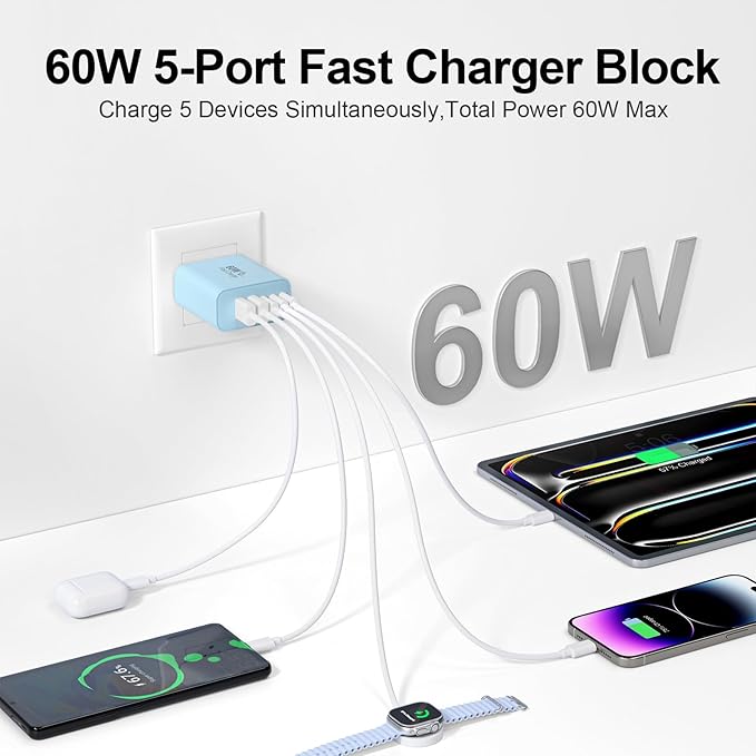 USB C Charger Block, 60W 5-Port Type C Charger Fast Charging Block, USBC USB Multiple Port Wall Charger Plug Adapter for iPhone 17/Air/16/15/14/13/12/11 Pro Max, Samsung Galaxy, iPad, Tablet (Blue)