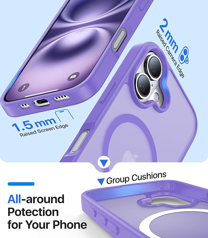 Magnetic for iPhone 16 Case, [Compatible with MagSafe][Military-Grade Drop Protection][Anti-Yellowing] Shockproof Protective Translucent Matte Cover for iPhone 16 Phone Case,Light Purple