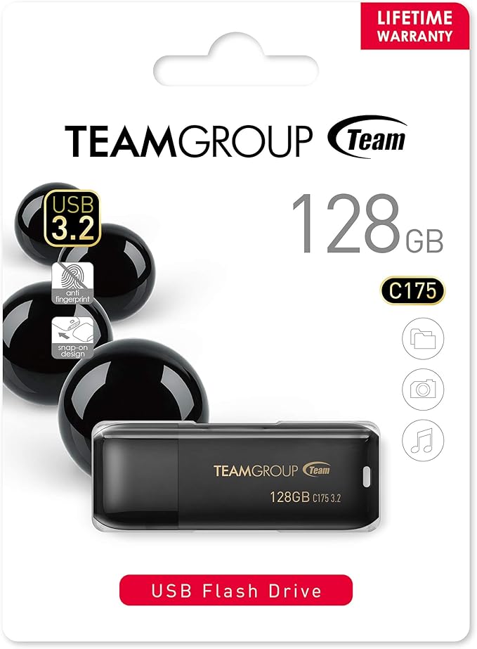 TEAMGROUP C175 128GB USB 3.2 Gen1 (USB 3.1/3.0) Read 100MB/s Flash Thumb Drive, Memory Stick Compatible with Computer/Laptop Matte Black TC1753128GB01